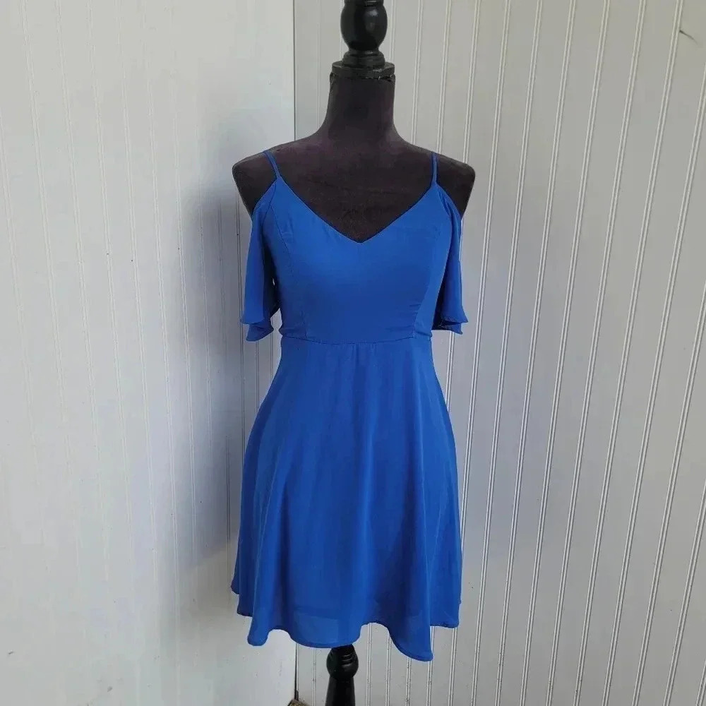 Lush Blue Floral Print Cold Shoulder Ruffle Spaghetti Strap A-Line Shift Dress S